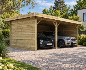 Carport en bois 2 voitures toit plat | 506 x 699 cm | 3 parois fermées | Bois autoclave