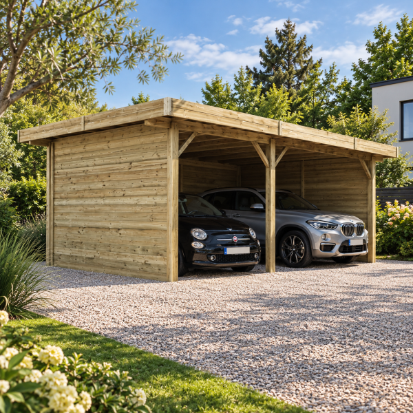 Carport en bois 2 voitures toit plat | 506 x 699 cm | 3 parois fermées | Bois autoclave