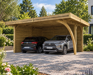 Carport en bois 2 voitures toit plat | 606 x 506 cm | 2 parois fermées | Bois autoclave