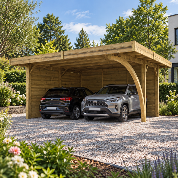 Carport en bois 2 voitures toit plat | 606 x 506 cm | 2 parois fermées | Bois autoclave