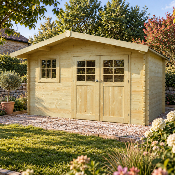 Abri de jardin en bois LINZ | 388 x 388 cm | Bois brut | 34 mm d'épaisseur
